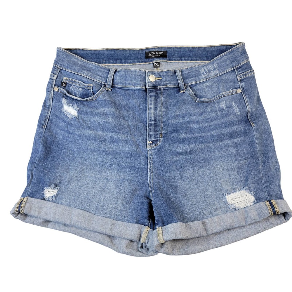 Judy Blue Cuffed Jean Shorts Women's Size 3XL Distressed Medium Wash Blue